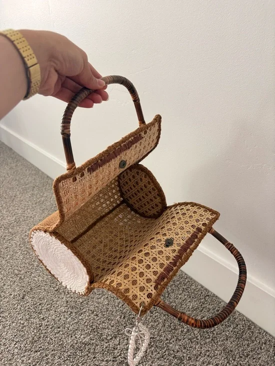 Woven Straw Top-Handle Bag in Brown and Cream - Picture 2 of 2